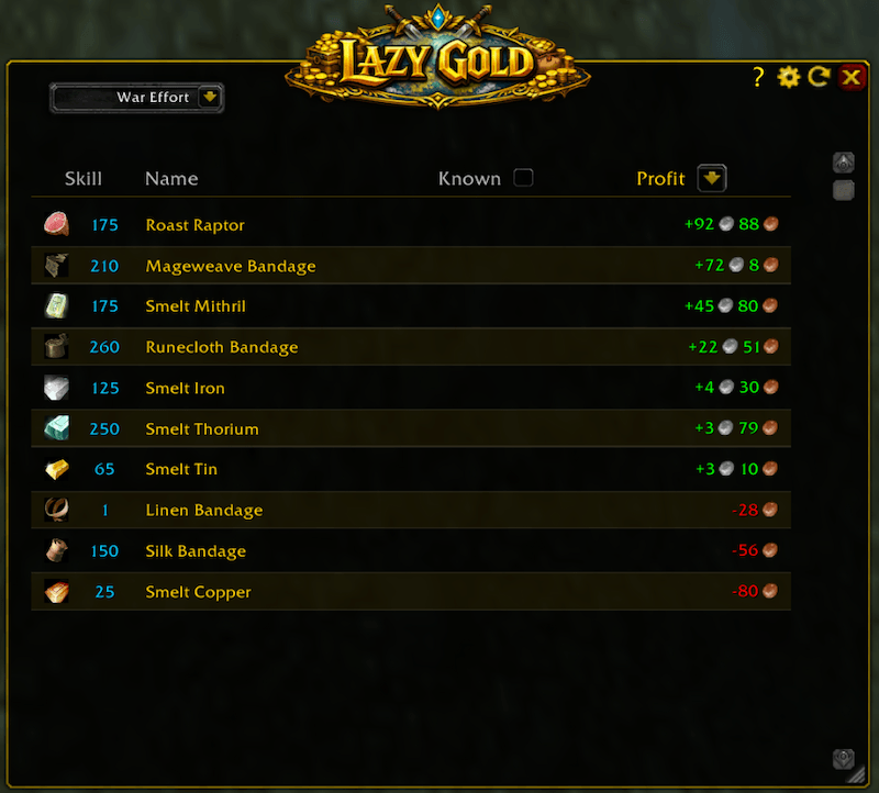 War Effort — shows profit for items needed for the Ahn'Qiraj War Effort event