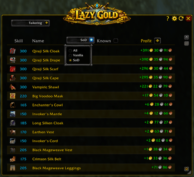 Added SoD recipes across all professions and you can filter them