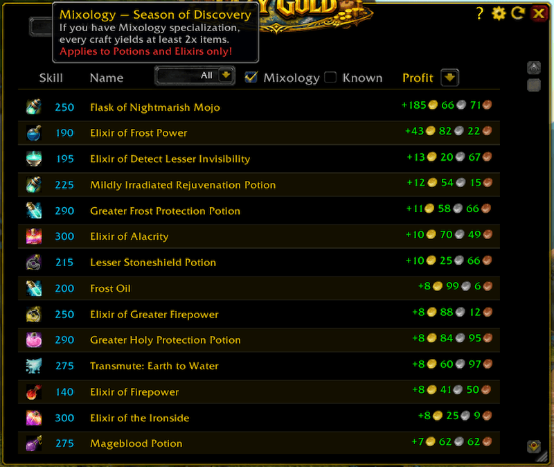 Enable the Mixology (SOD) checkbox in the Alchemy tab to calculate profit with minimum 2x yield
on Potions and Elixirs.