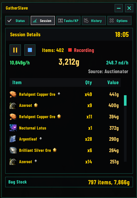 Session Tab - showing the details of the current gathering session.