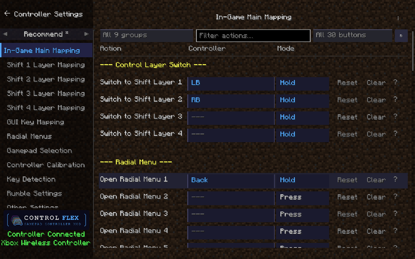 The ControlFlex settings screen for in-game bindings. The sidebar lists Main Layer and Shift 1–4 pages.