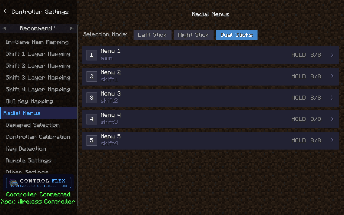 ControlFlex supports up to 5 radial menus, each tied to a different layer (Main, Shift 1–4) and open button. Menus open in Hold or Press mode.