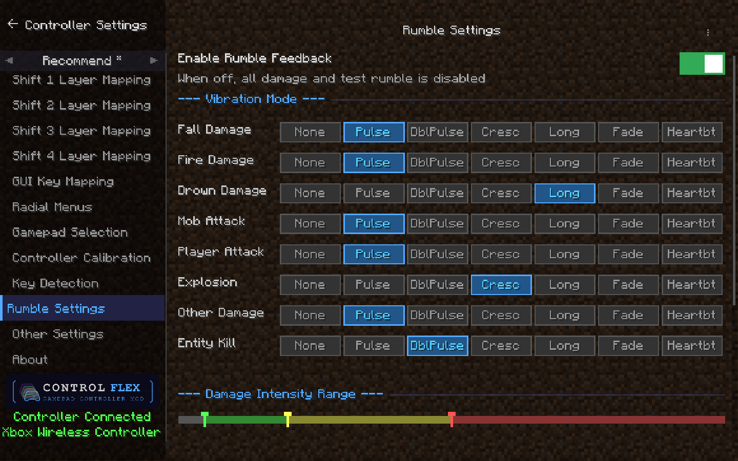 ControlFlex lets you assign a vibration pattern to each damage type — fall, fire, drowning, mob/player attack, explosion, other damage, and entity kill.