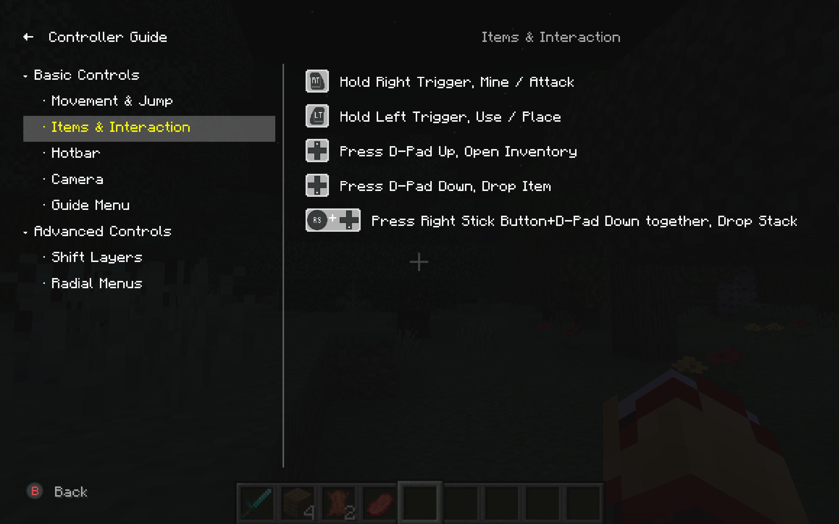 The built-in Controller Guide lists all gameplay bindings by category — movement, combat, inventory, Shift layers, radial menus, and more. Each row shows the actual controller glyphs for your layout, so you can look up any action without leaving the game.