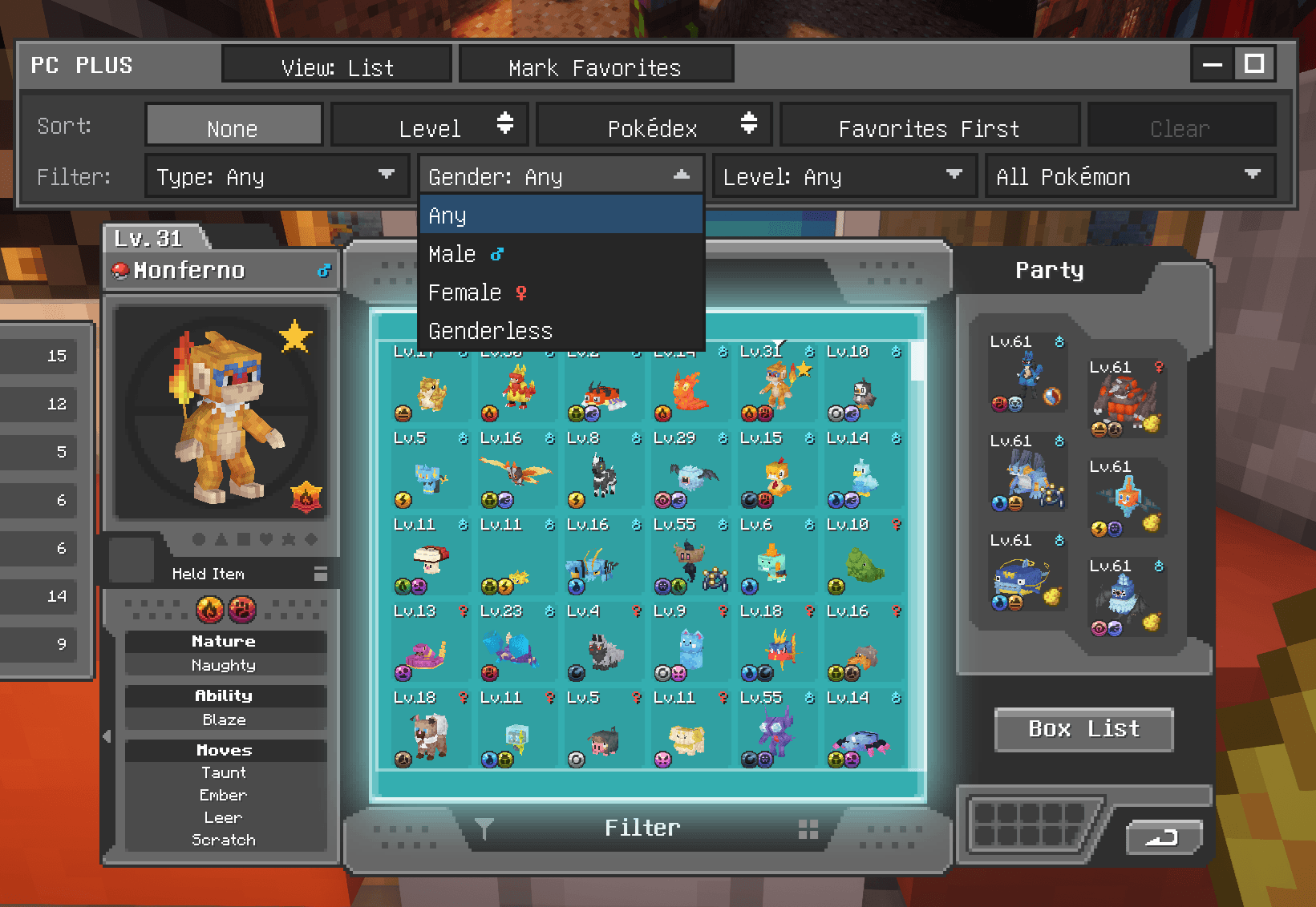Dropdowns for Type, Gender, Level, and Favorites in a terminal panel above the PC