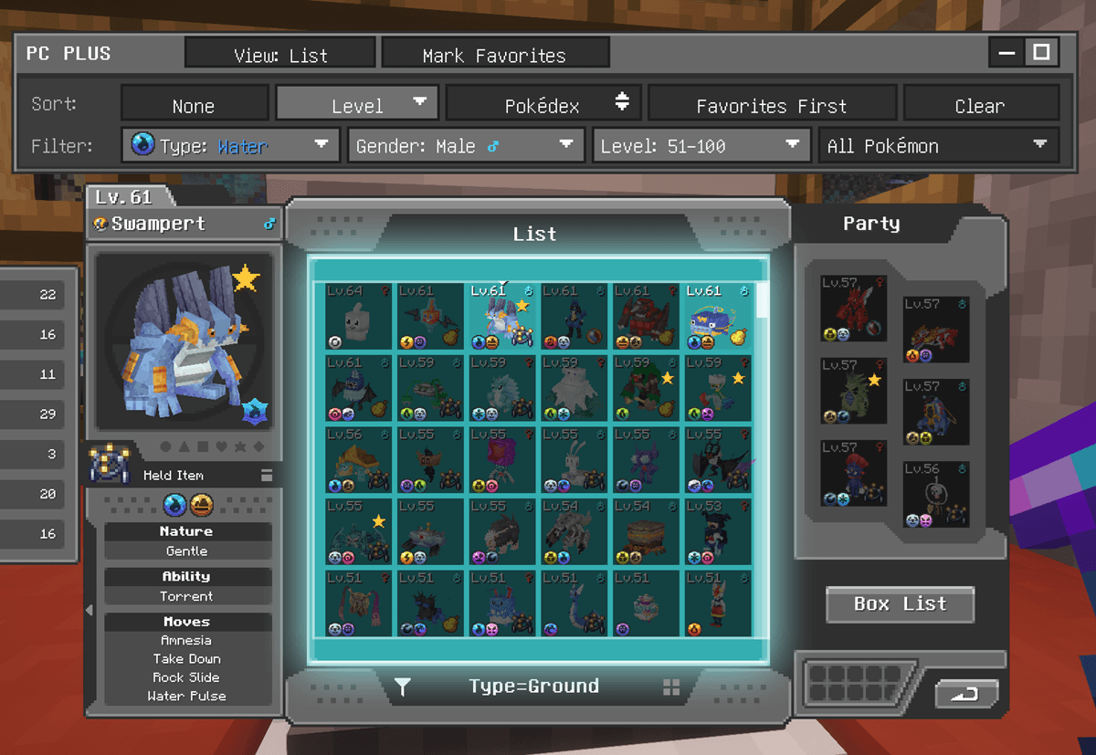Filter for Type:Water, Gender:Male, and Level: 51-100. Compatible/combine with Cobblemon search bar