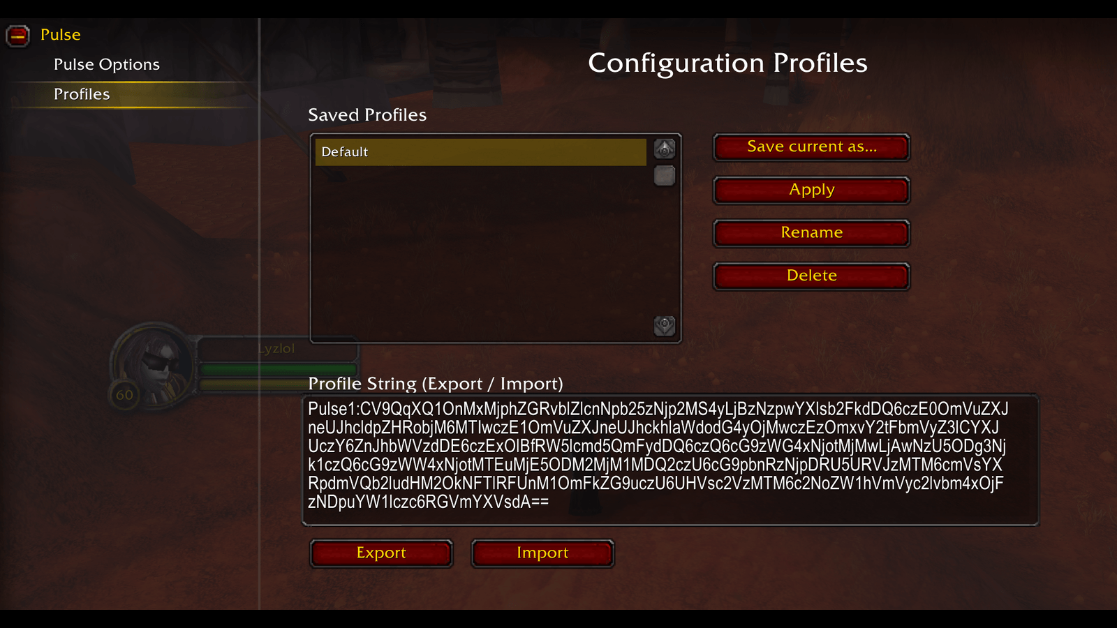 Save your Pulse setup as named profiles and switch between them, or share a profile with another character or player using the export/import string.