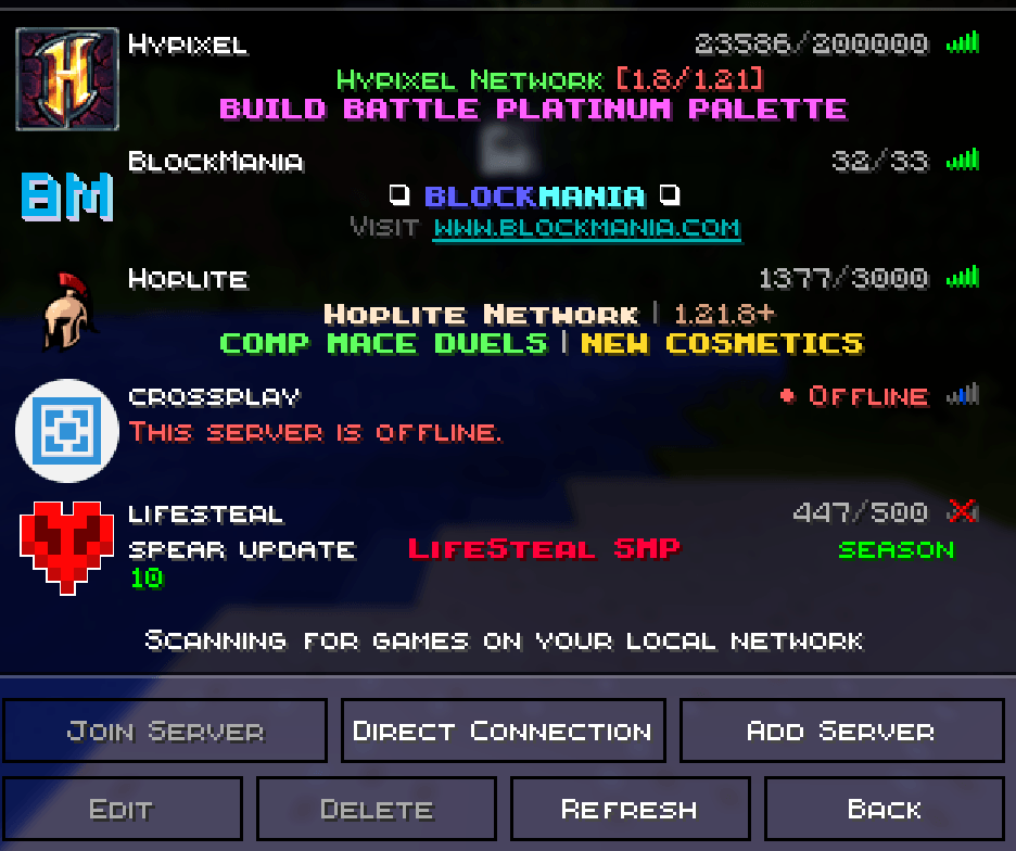 The 'multiplayer' screen