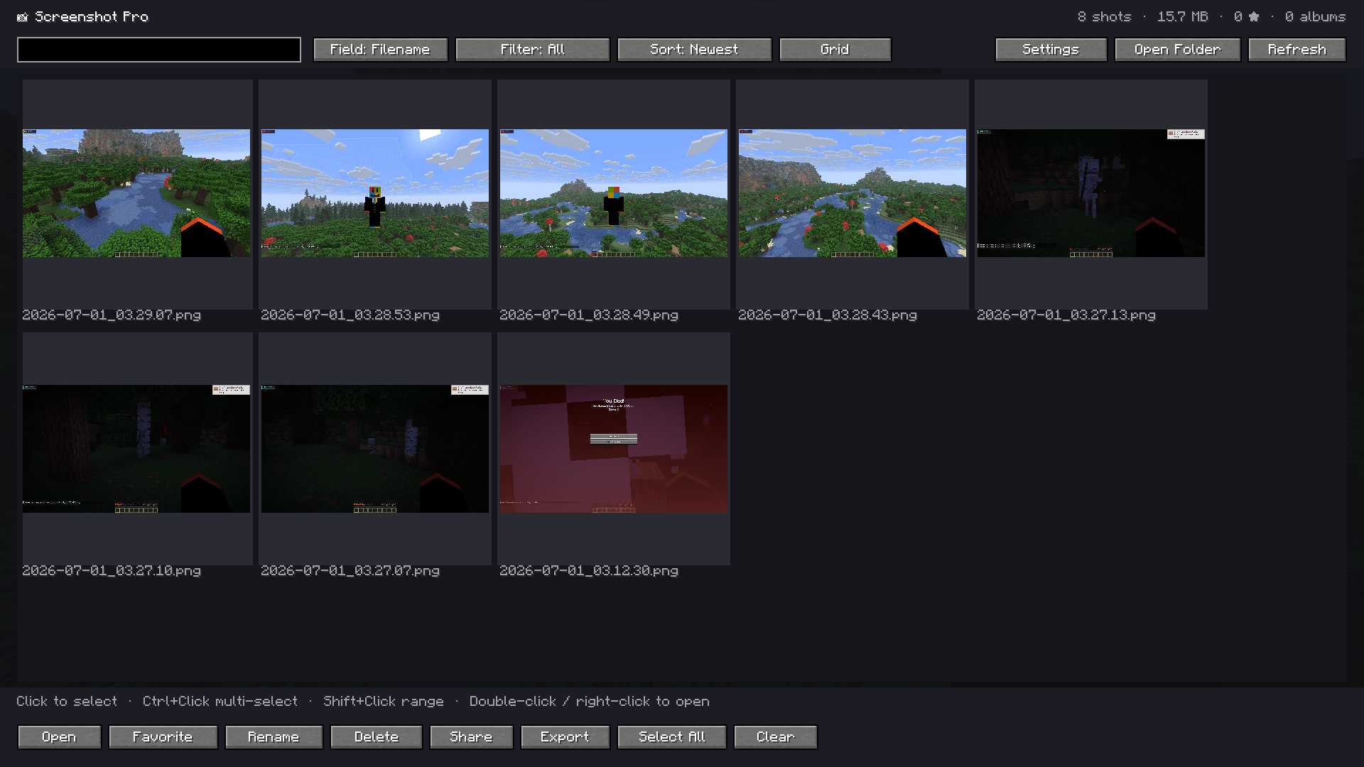 a scrollable grid of thumbnails with a live dashboard showing total screenshots, storage used, favorites, and albums.