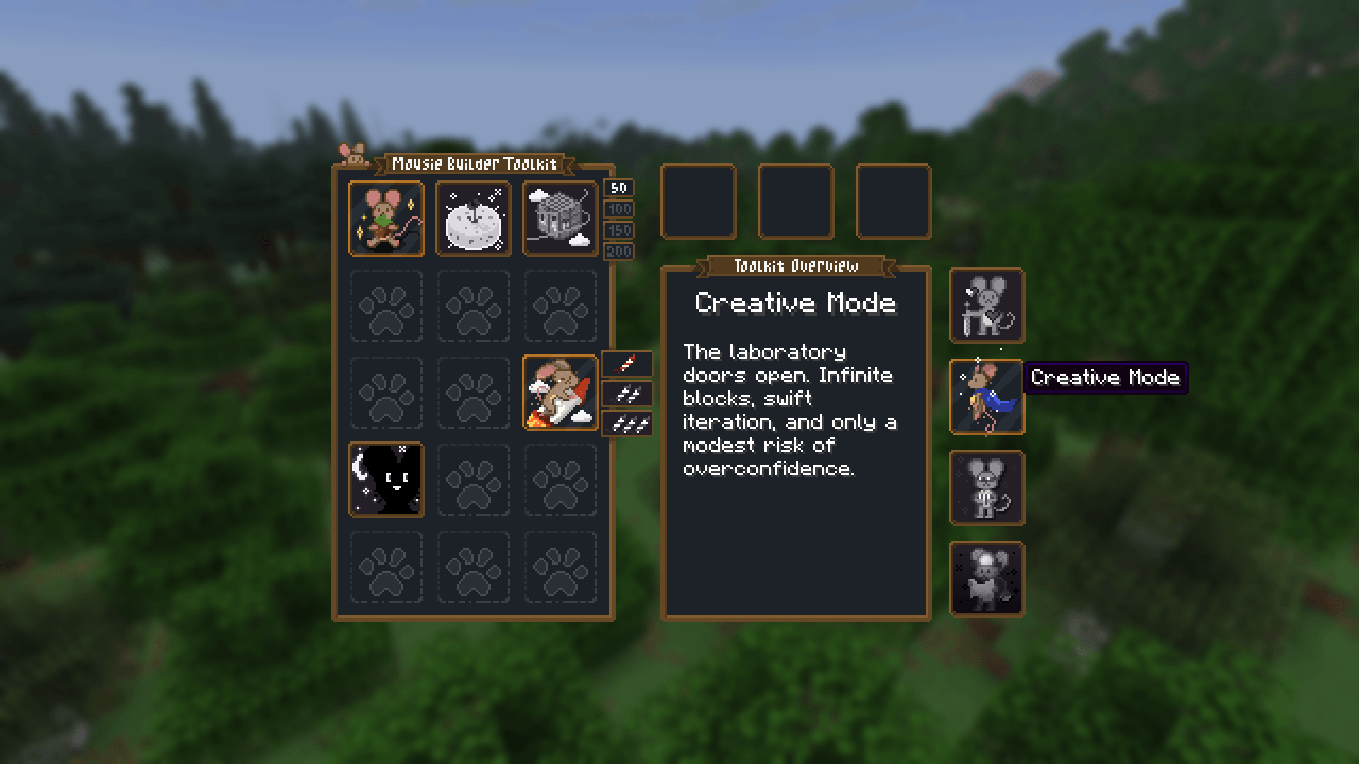 Hold the toolkit key to open Mousie’s menu, then hover and click to activate a button.