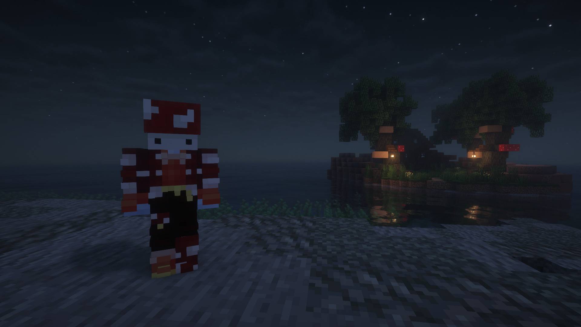 The Shroom Resident NPC, standing at shore in front of the player's Home Island.