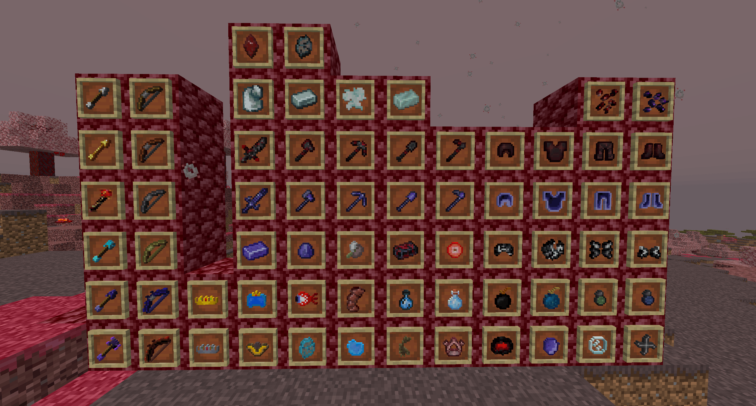 Some Items and Tools from mod, wall of item frames built in the Crimson biome.