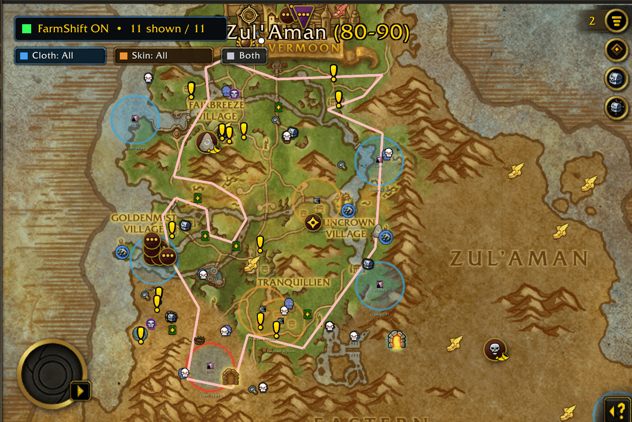 FarmShift world-map hotspots showing cloth and Skinning farm locations with material filters, larger visible hotspot circles, and combined Cloth + Skinning map layers.