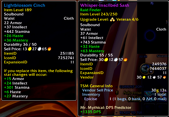 Item tooltip showing +1335 DPS versus the equipped item