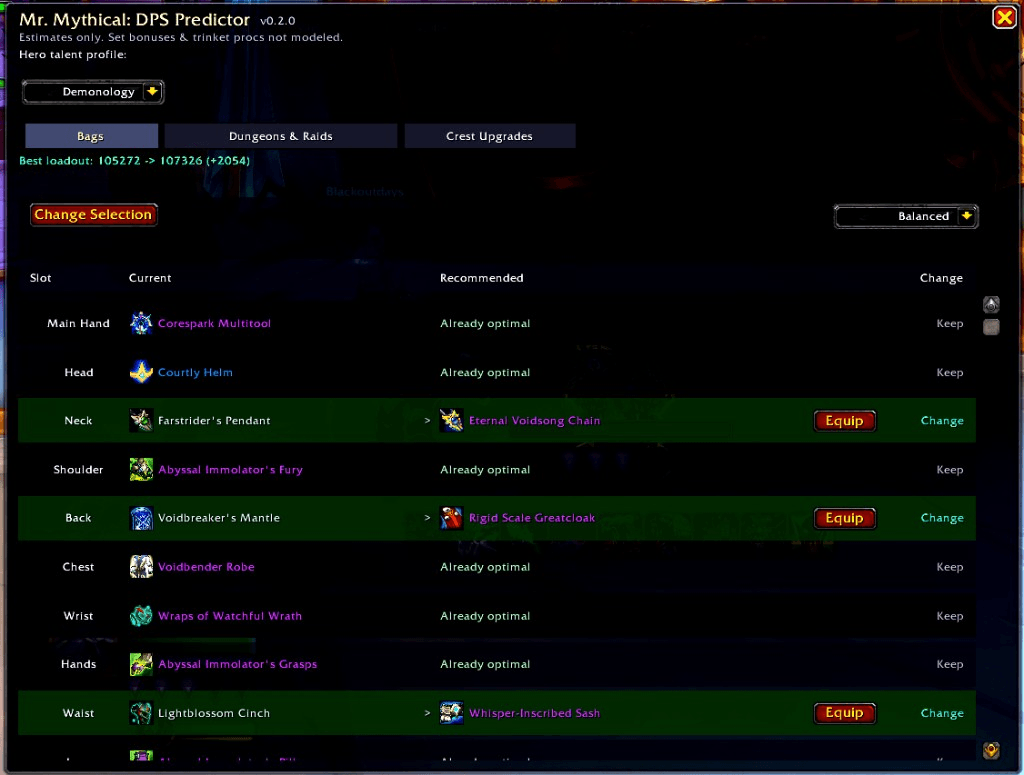 Gear Advisor Bags tab showing the best loadout with per-slot recommendations and Equip buttons