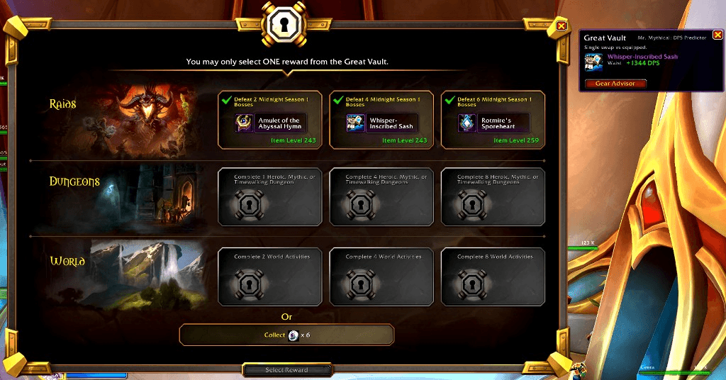 Great Vault window with the addon recommending the highest-DPS reward