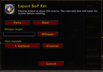 Export macro to a chat channel, allowing other addon users to import.