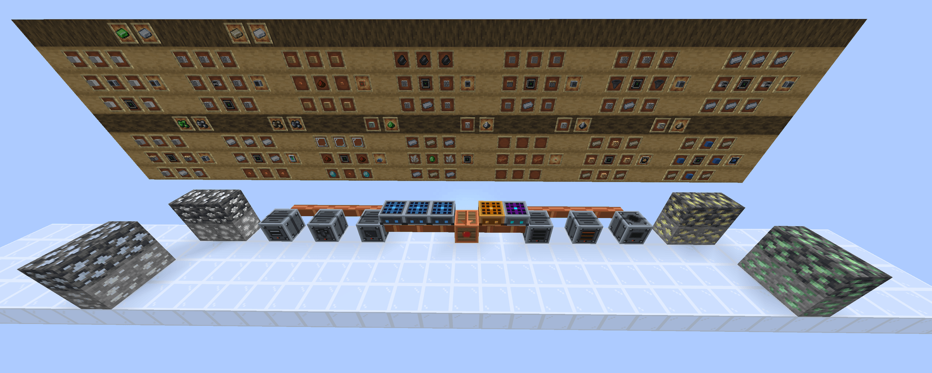 All mod blocks: generators, machines, ores, and cables in one frame.