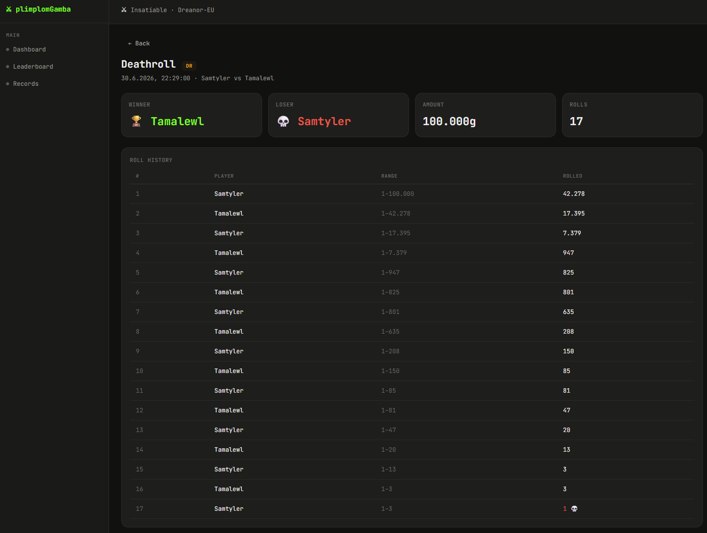 Thumbnail Full roll history for both players, the winner, and the amount won.