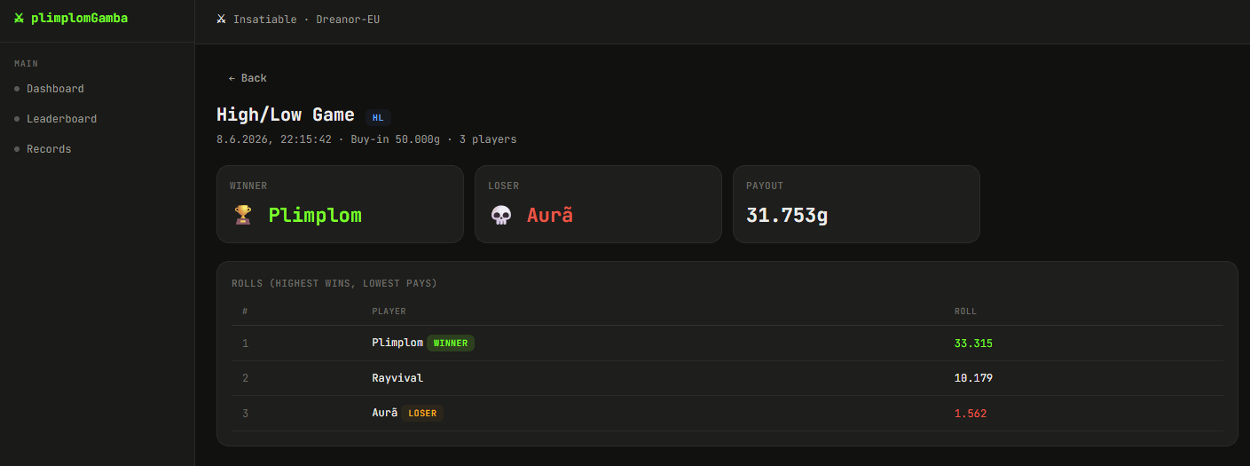 Thumbnail Buy-in, winner and loser, each player's roll, and the amount won.