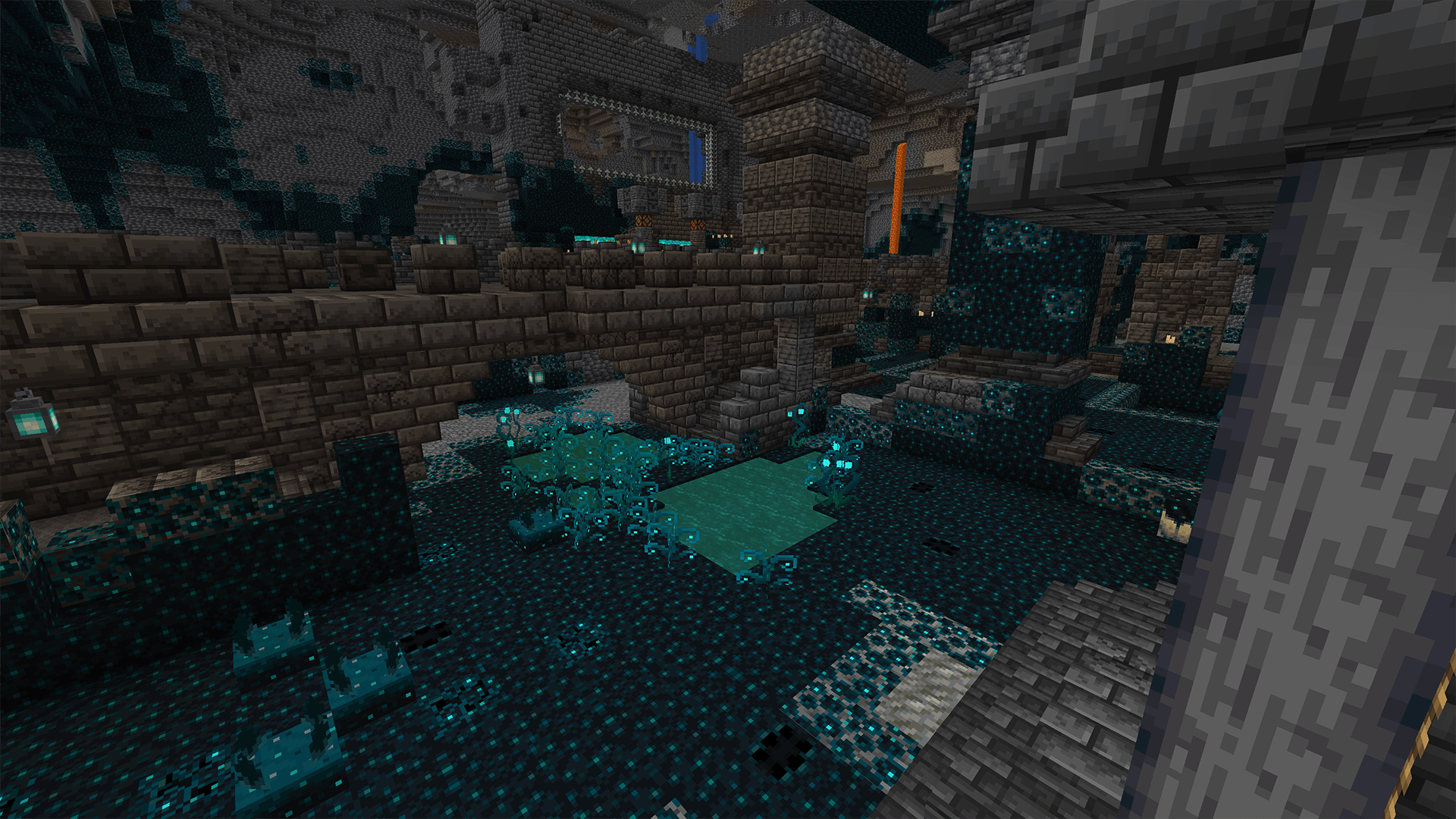 A sculk lake surrounded by cave plant and sculk jaws in ancient city