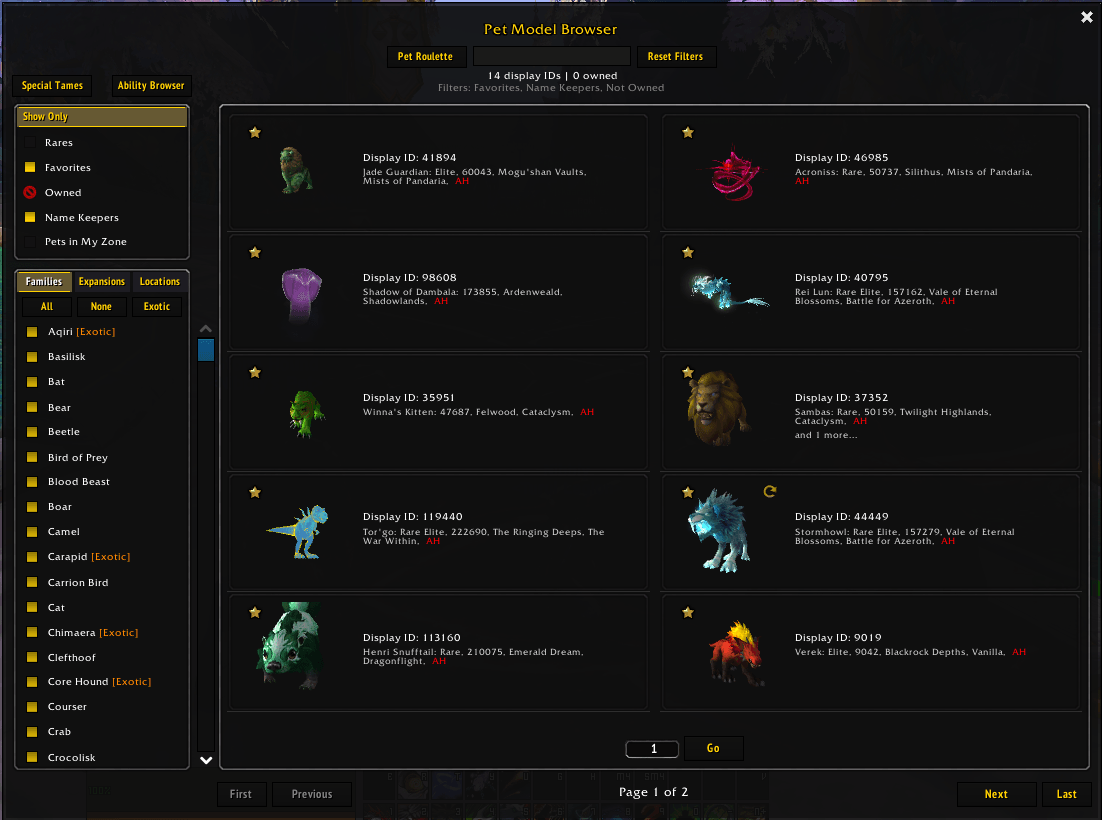 Pet Models Browser panel with ElvUI.png