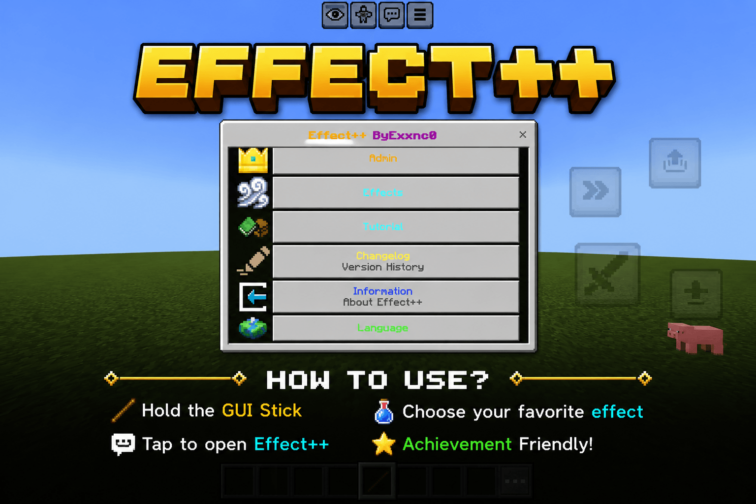 Thumbnail The redesigned main menu introduced in v1.0.1, featuring quick access to Effects, Admin Settings, Tutorial, Changelog, Information, and Language.