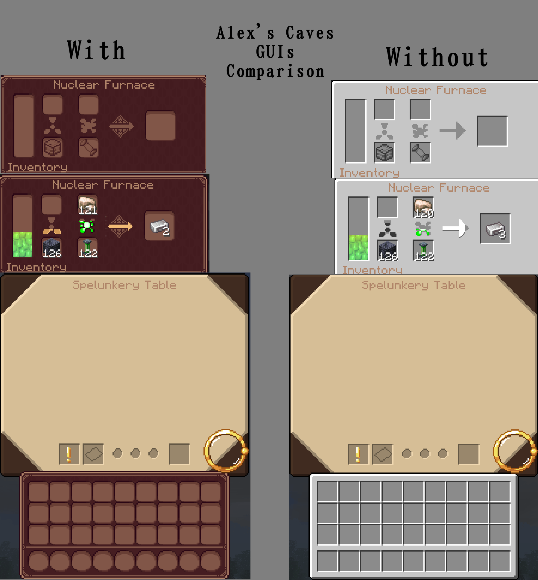 Comparison between my texture pack and no texture pack in Alex's Caves GUIs *Screenshots taken in Linggango V6.5*