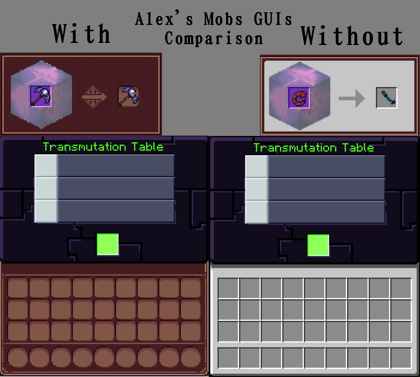 Comparison between my texture pack and no texture pack in Alex's Mobs GUIs *Screenshots taken in Linggango V6.5*