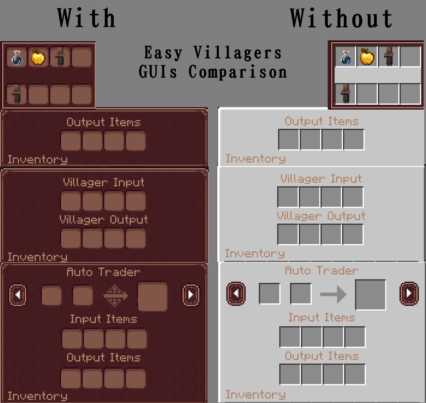 Comparison between my texture pack and no texture pack in Easy Villager's GUIs *Screenshots taken in Linggango V6.5*