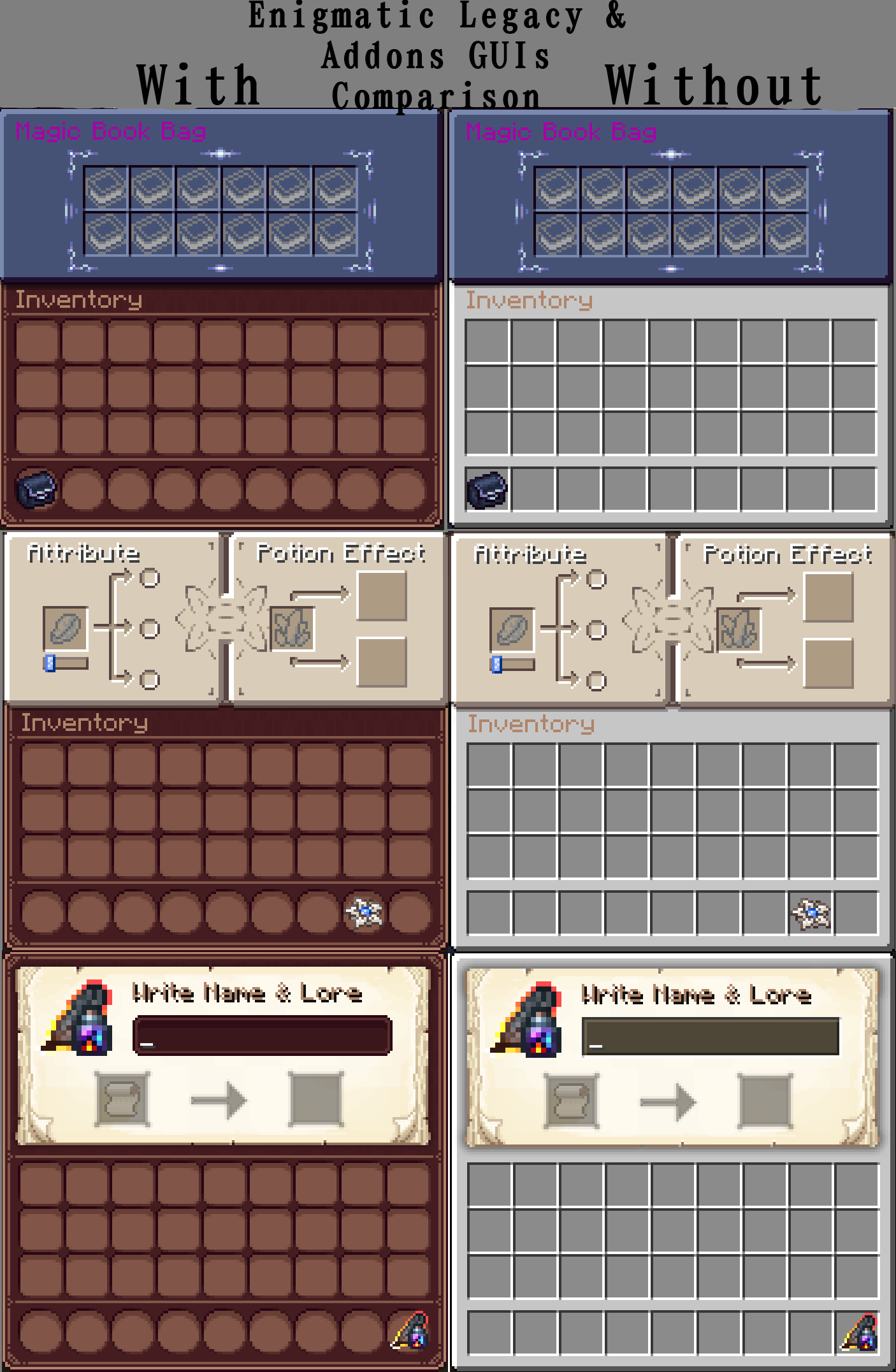 Comparison between my texture pack and no texture pack in Enigmatic Legacy and Addons' GUIs *Screenshots taken in Linggango V6.5*