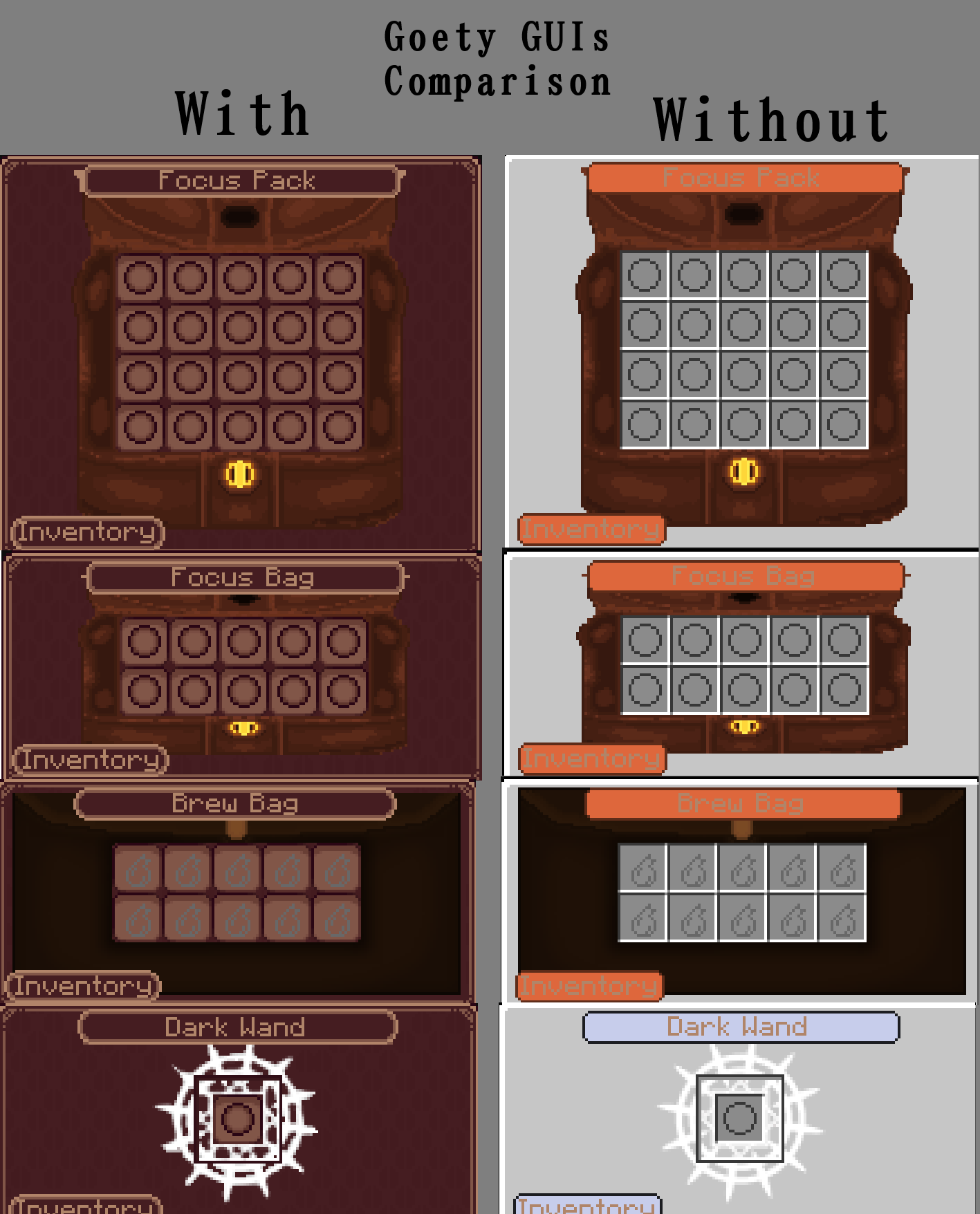 Comparison between my texture pack and no texture pack in Goety GUIs *Screenshots taken in Linggango V6.5*