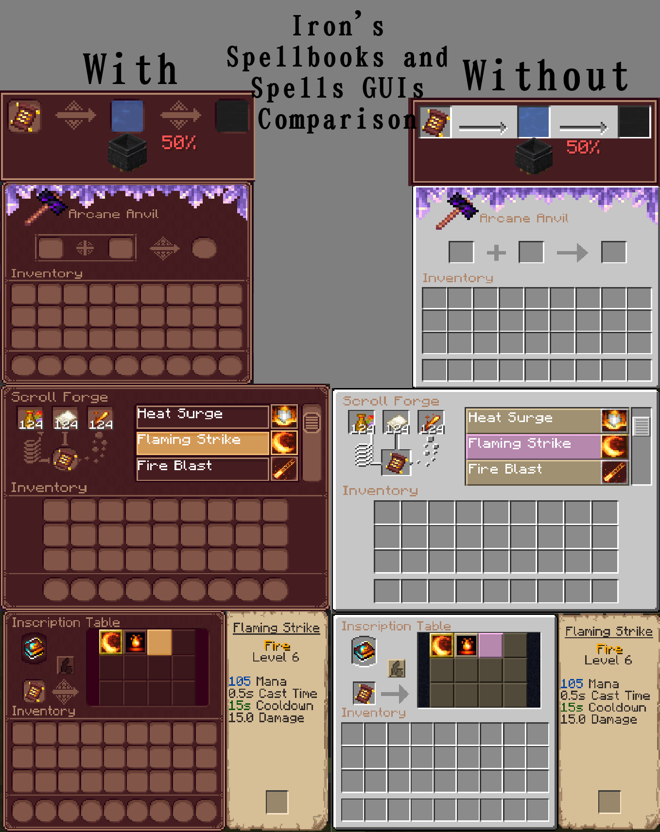 Comparison between my texture pack and no texture pack in Iron's Spellbooks and Spells' GUIs *Screenshots taken in Linggango V6.5*