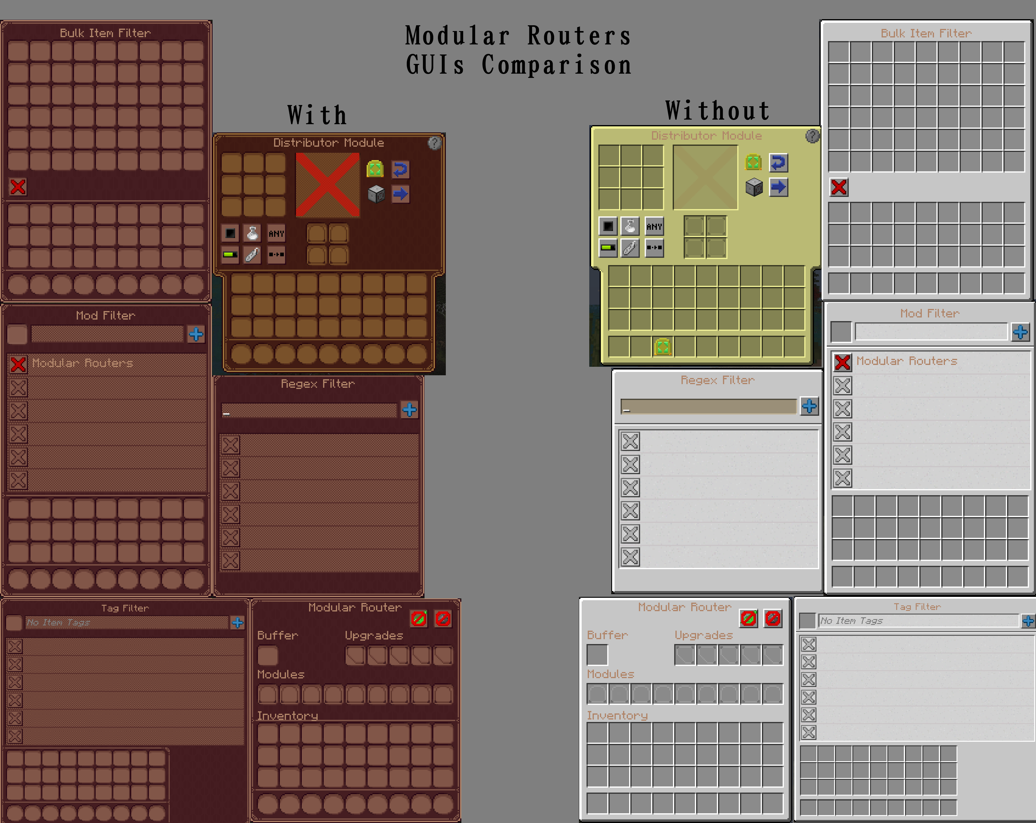 Comparison between my texture pack and no texture pack in Modular Routers' GUIs *Screenshots taken in Linggango V6.5*