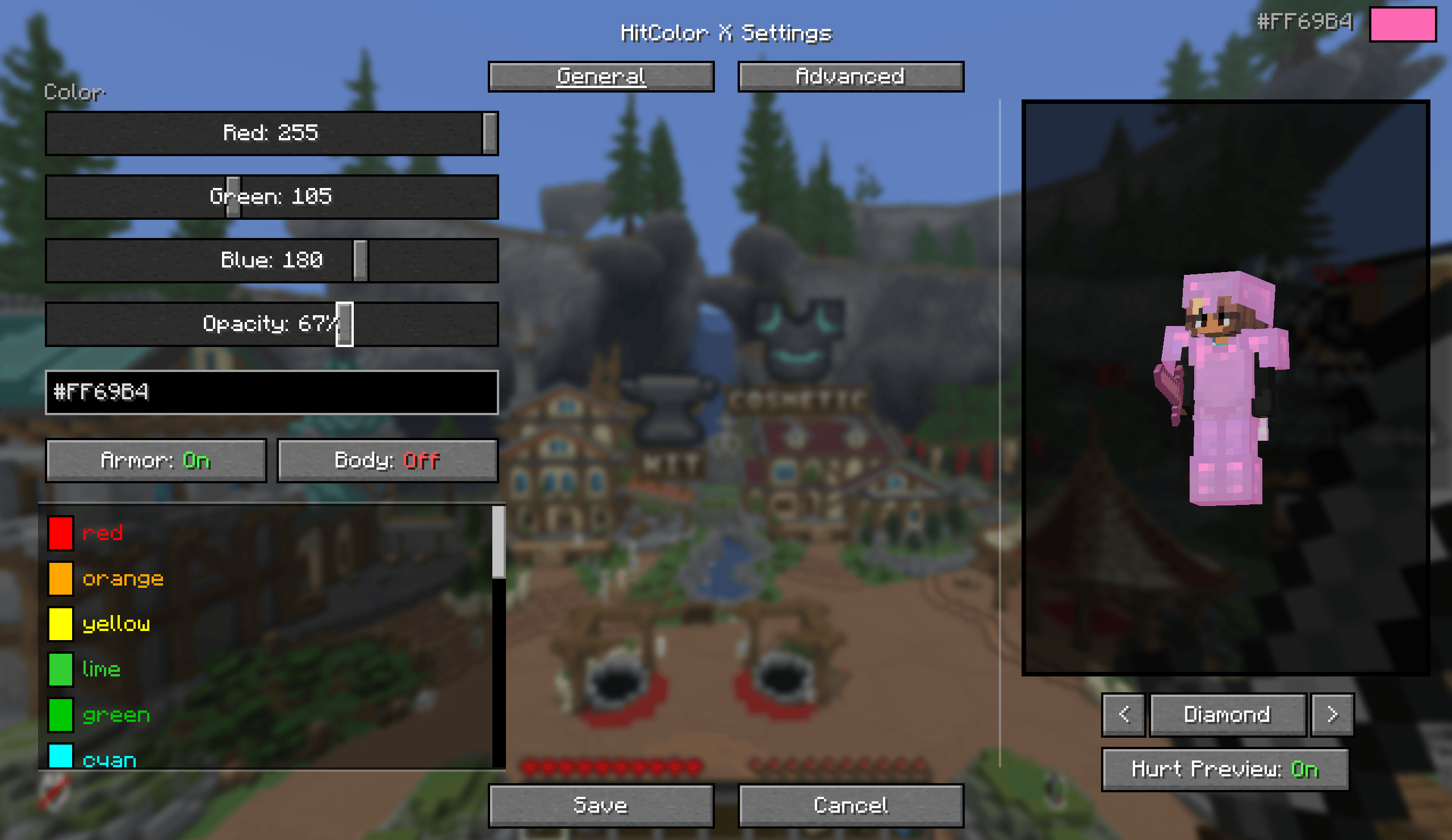 You need Mod Menu to be able to access the mod settings, however you can also use the /hitcolorx commands