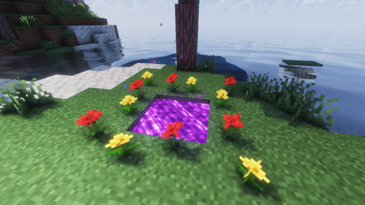 Create a 2x2 water pool surrounded by flowers, throw in a diamond, and get a portal to The Twilight Forest.