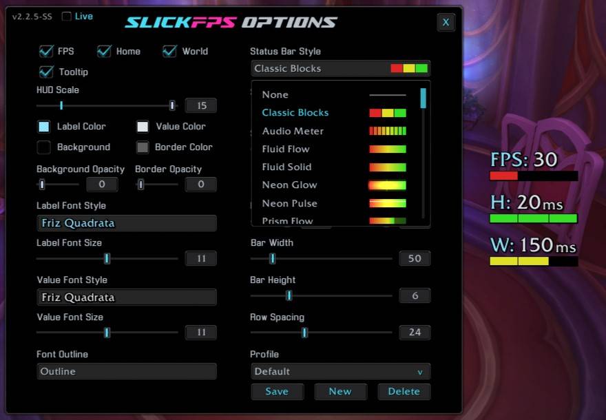 An example of the style menu. Default theme "Classic Blocks" and the default font. (Hud Scale maxed for good screenshot visibility)