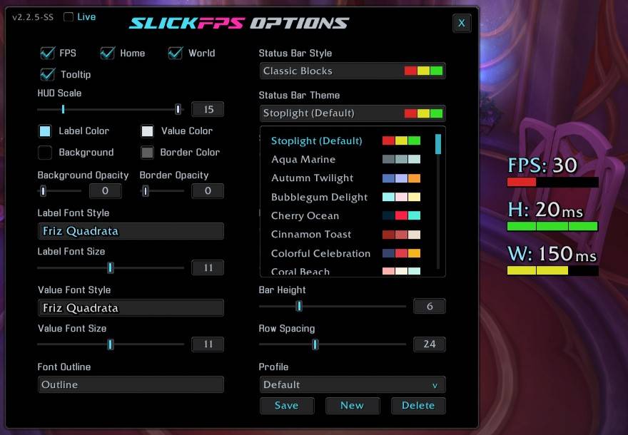 An example of the theme menu and default theme "Classic Blocks" and default font. (Hud Scale Maxed for good screenshot visibility)