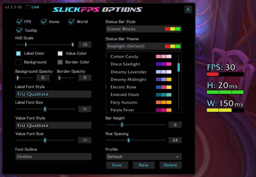 An example of the theme menu. Default style "Classic Blocks" and the default font. (Hud Scale Maxed for good screenshot visibility)