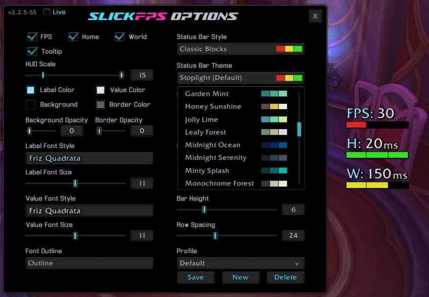 Another example of the theme menu. Default theme "Classic Blocks" and the default font. (Hud Scale maxed for good screenshot visibility)