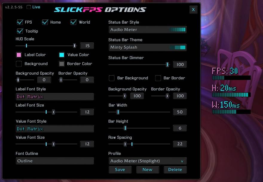 An example of the Audio Meter style, Minty Splash theme and Dot Matrix font with no frame. (Hud Scale maxed for good screenshot visibility)