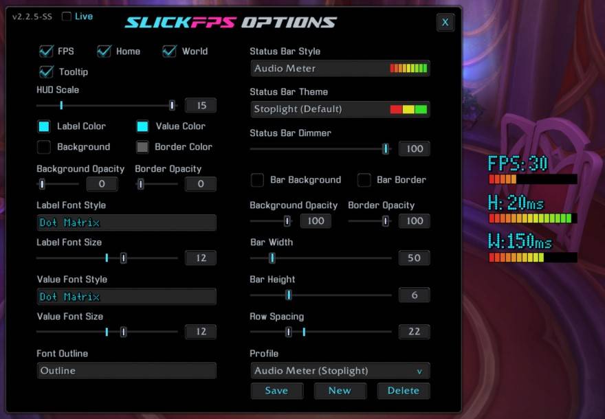An example of a custom theme called "Audio Meter" with low FPS, great Home latency and medium World latency. (Hud Scale maxed for good screenshot visibility)