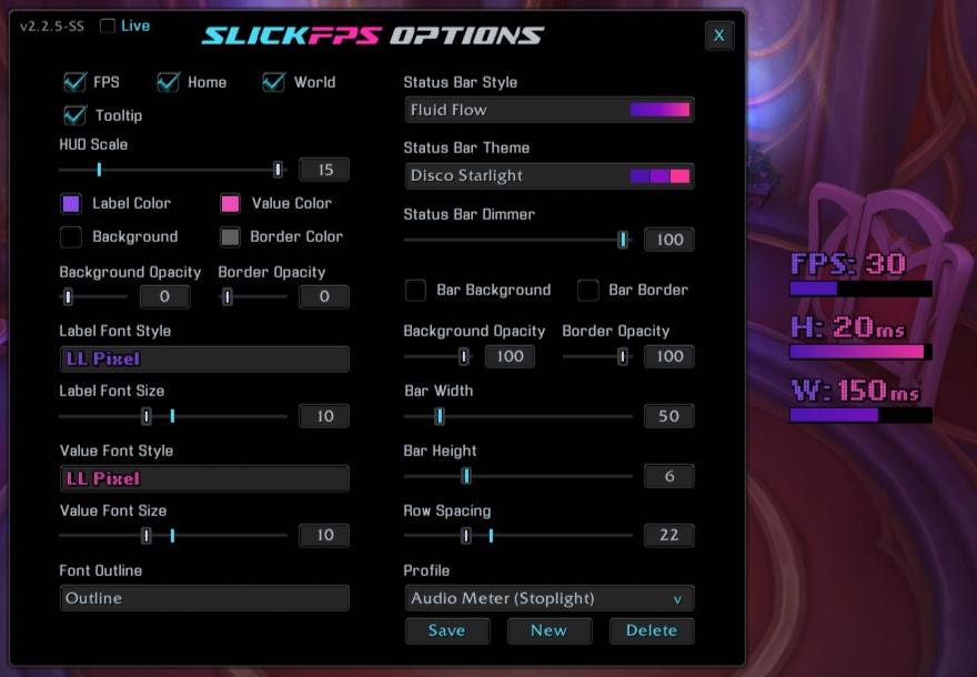 An example of the Fluid Flow style, Disco Starlight theme and LL Pixel font with no frame. (Hud Scale maxed for good screenshot visibility)