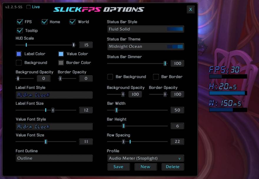 An example of the Fluid Solid style, Midnight Ocean theme and Alaram Clock font with no frame. (Hud Scale maxed for good screenshot visibility)