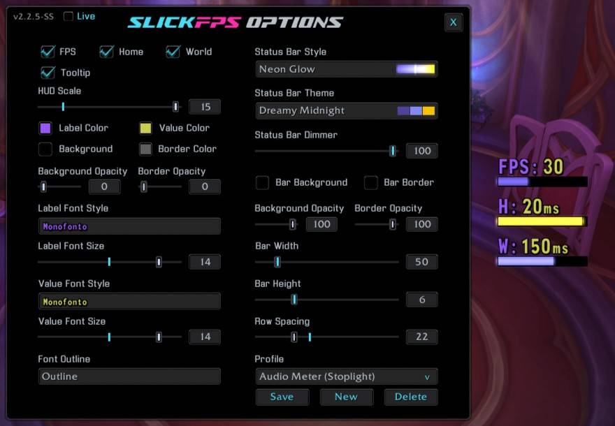 An example of the Neon Glow style, Dreamy Midnight theme and MonoFonto font with no frame. (Hud Scale maxed for good screenshot visibility)