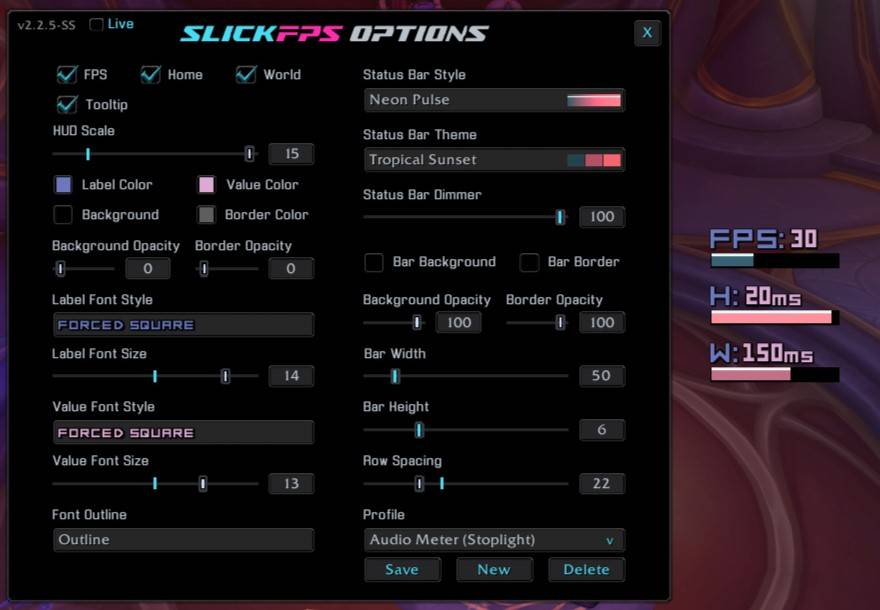 An example of the Neon Pulse style, Tropical Sunset theme and Forced Square font with no frame. (Hud Scale maxed for good screenshot visibility)