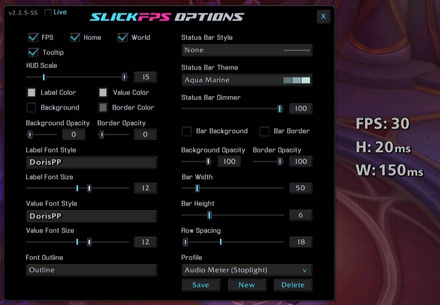 An example of the No style, No theme and DorisPP font with no frame. (Hud Scale maxed for good screenshot visibility)