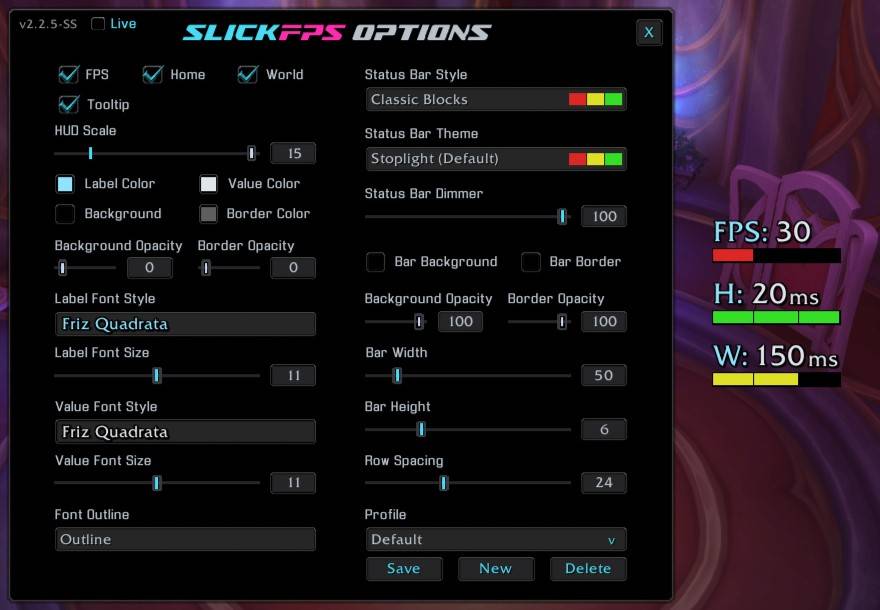 Default Frame with no background + Options Window with an Example of how the Bars change color based on Low FPS, Great Home Latency and Medium World Latency. (Hud Scale maxed for good screenshot visibility)