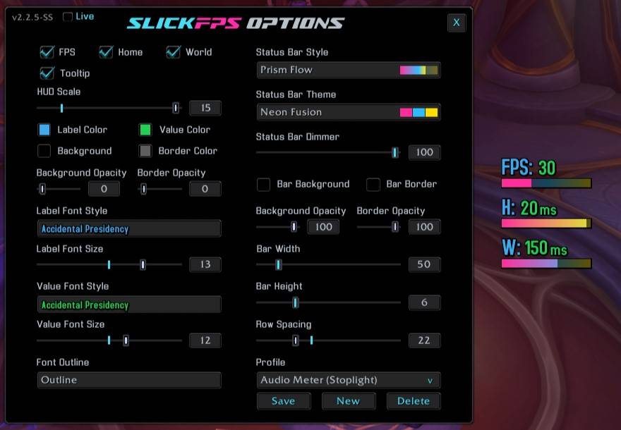 An example of the Prism Flow Bars style, Neon Fusion theme and Accidental Presidency font with no frame. (Hud Scale maxed for good screenshot visibility)