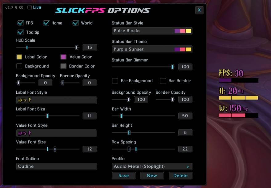 An example of the Pulse Blocks style, Purple Sunset theme and Harry P font with no frame. (Hud Scale maxed for good screenshot visibility)